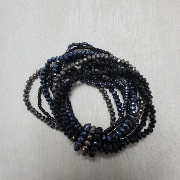 Ali Khan multi 12-strand black/hematite crystal glass stretch bracelet: - Picture 2 of 5